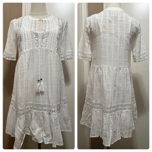 Knox Rose Dress XS White Tassel Tie Eyelet Lace A-Line Boho Cottagecore Lined.